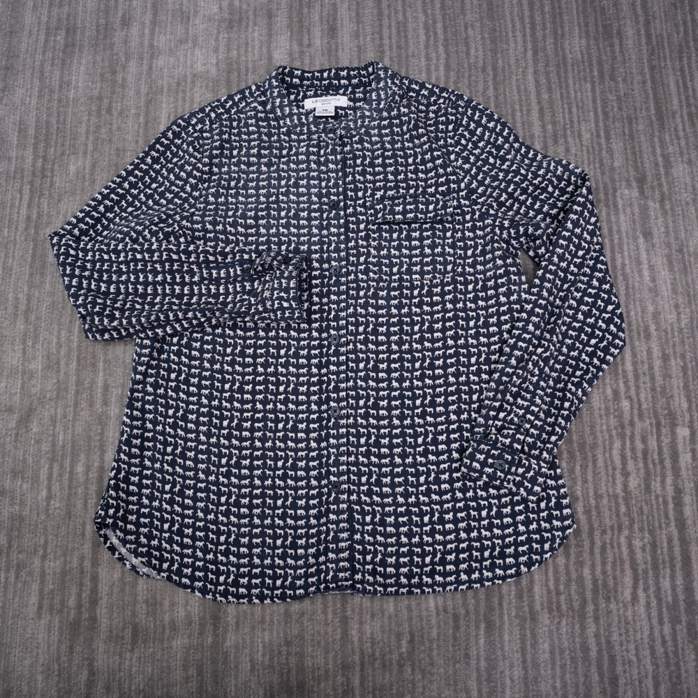Liz Claiborne Button Down Shirt Womens PM Navy Blue Horse Print Lyocell Top